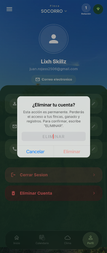 Pantalla de GanAppi donde aparece el boton para eliminar cuenta